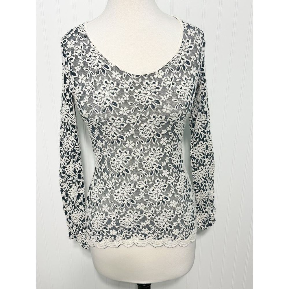 Crystal K Womens Floral Lace Scoop Neck Long Sleeve Pullover Top Gray Size Small